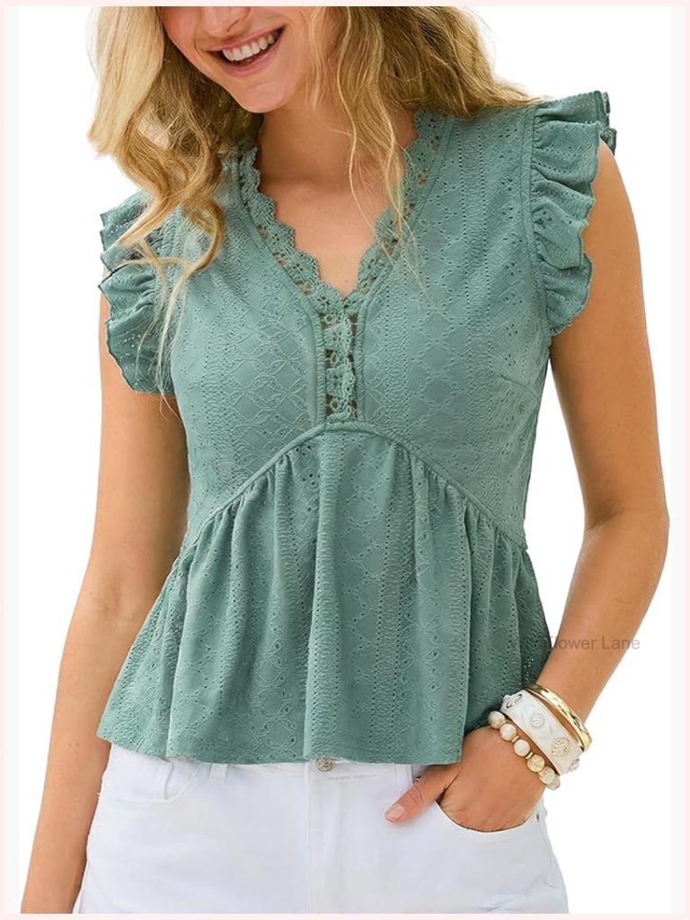 Peplum Lace Crochet V Neck Ruffle Sleeve Babydoll Tank Top